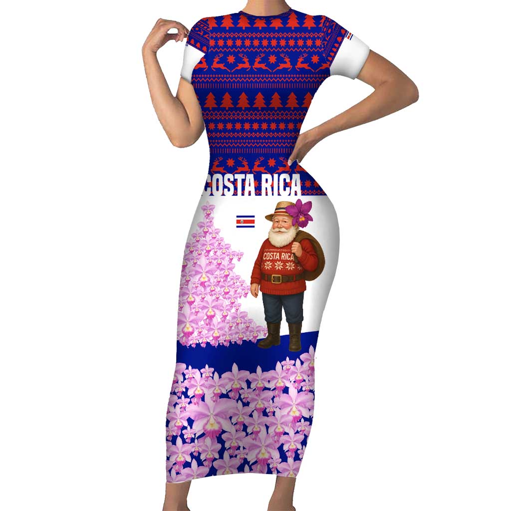 Costa Rica Christmas Short Sleeve Bodycon Dress with Santa Claus Pink Orchid Tree National Emblem and Festive Pattern Design - Wonder Print Shop