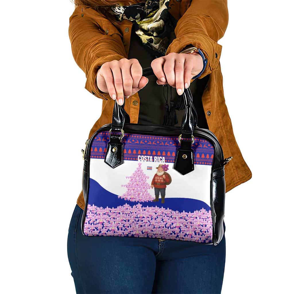 Costa Rica Christmas Shoulder Handbag with Santa Claus Pink Orchid Tree National Emblem and Festive Pattern Design - Wonder Print Shop