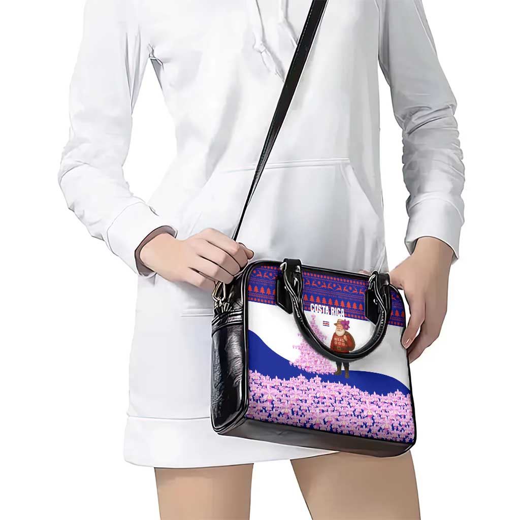 Costa Rica Christmas Shoulder Handbag with Santa Claus Pink Orchid Tree National Emblem and Festive Pattern Design - Wonder Print Shop