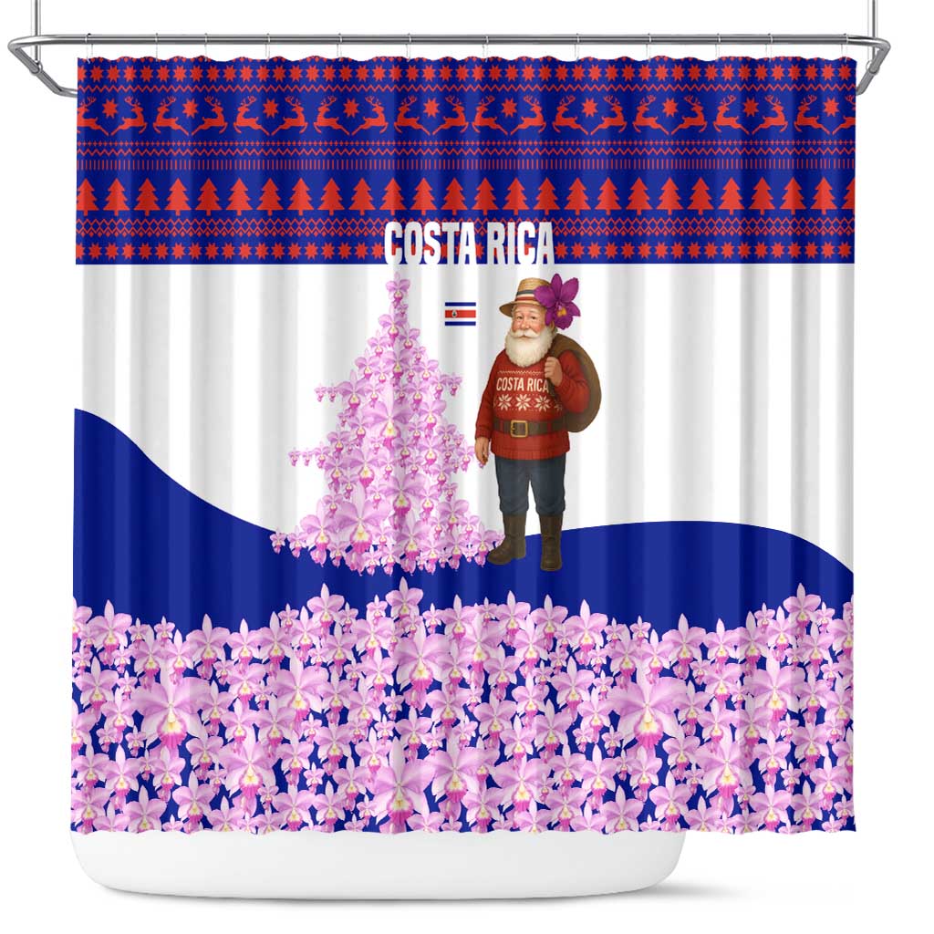 Costa Rica Christmas Shower Curtain with Santa Claus Pink Orchid Tree National Emblem and Festive Pattern Design - Wonder Print Shop