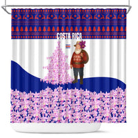 Costa Rica Christmas Shower Curtain with Santa Claus Pink Orchid Tree National Emblem and Festive Pattern Design - Wonder Print Shop