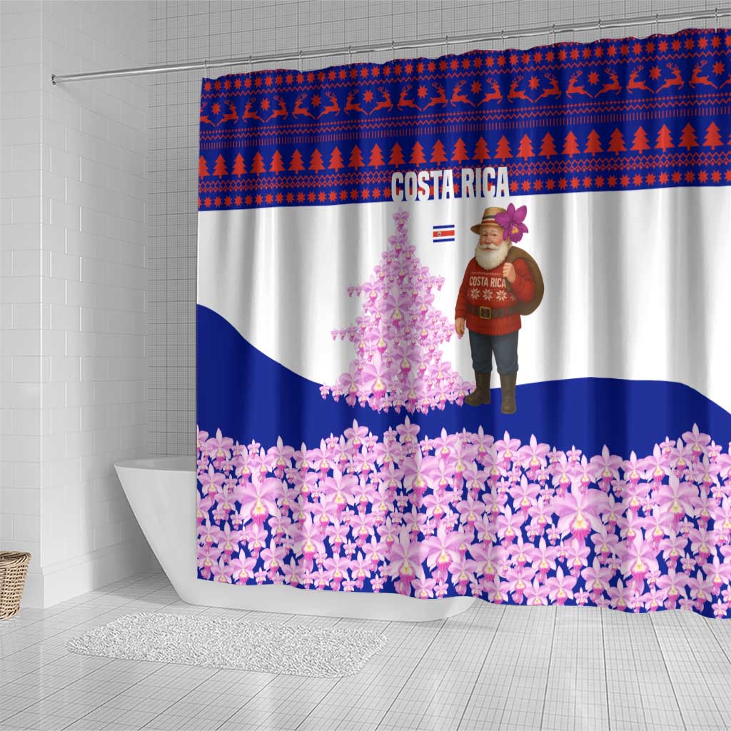 Costa Rica Christmas Shower Curtain with Santa Claus Pink Orchid Tree National Emblem and Festive Pattern Design - Wonder Print Shop