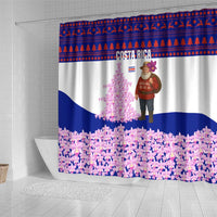 Costa Rica Christmas Shower Curtain with Santa Claus Pink Orchid Tree National Emblem and Festive Pattern Design - Wonder Print Shop