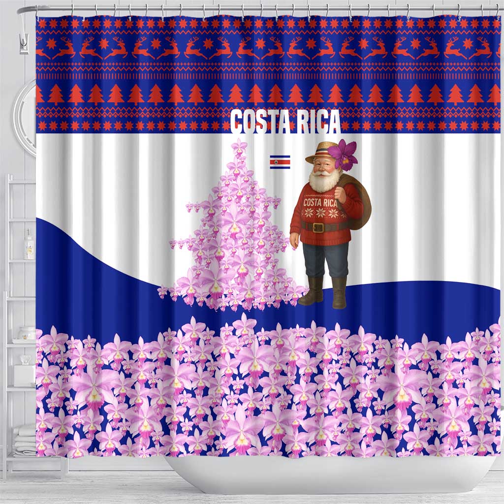 Costa Rica Christmas Shower Curtain with Santa Claus Pink Orchid Tree National Emblem and Festive Pattern Design - Wonder Print Shop