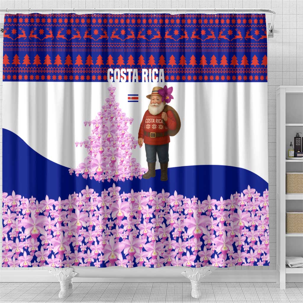 Costa Rica Christmas Shower Curtain with Santa Claus Pink Orchid Tree National Emblem and Festive Pattern Design - Wonder Print Shop