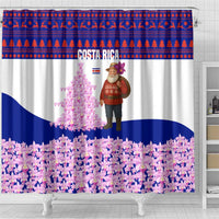 Costa Rica Christmas Shower Curtain with Santa Claus Pink Orchid Tree National Emblem and Festive Pattern Design - Wonder Print Shop