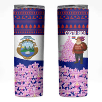 Costa Rica Christmas Skinny Tumbler with Santa Claus Pink Orchid Tree National Emblem and Festive Pattern Design - Wonder Print Shop