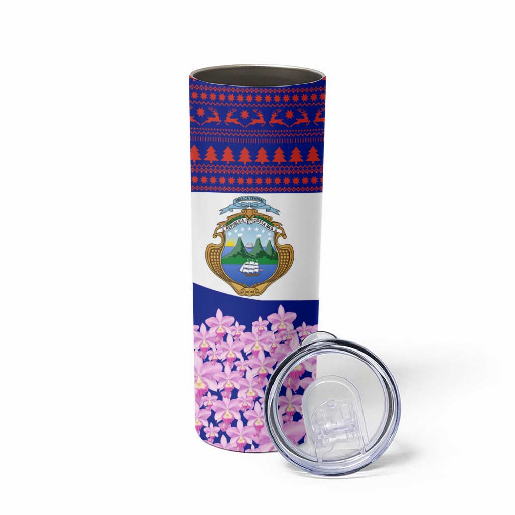 Costa Rica Christmas Skinny Tumbler with Santa Claus Pink Orchid Tree National Emblem and Festive Pattern Design - Wonder Print Shop