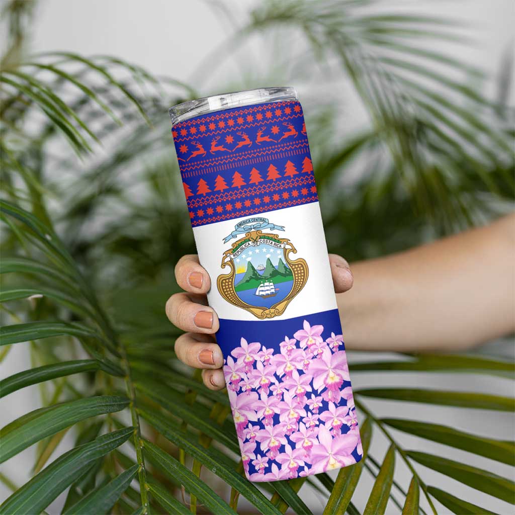 Costa Rica Christmas Skinny Tumbler with Santa Claus Pink Orchid Tree National Emblem and Festive Pattern Design - Wonder Print Shop