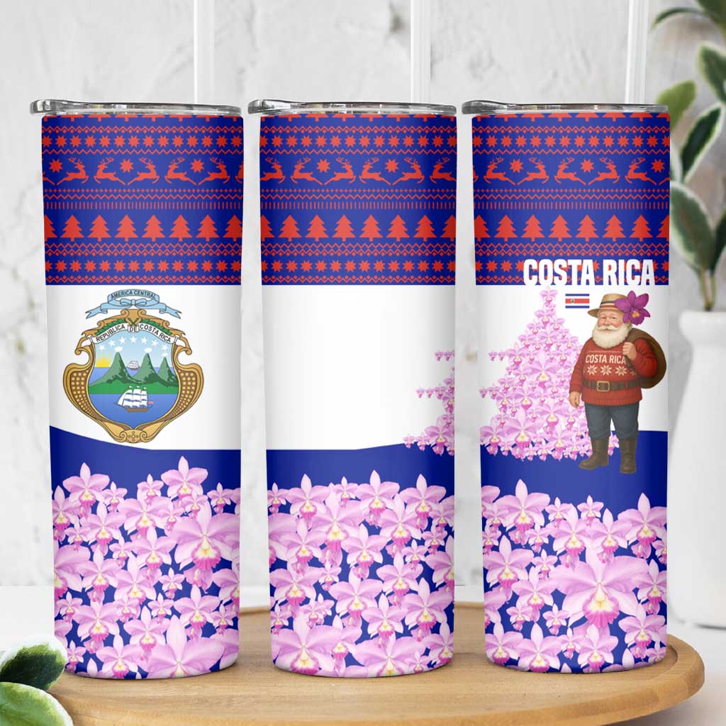 Costa Rica Christmas Skinny Tumbler with Santa Claus Pink Orchid Tree National Emblem and Festive Pattern Design - Wonder Print Shop