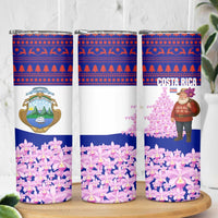 Costa Rica Christmas Skinny Tumbler with Santa Claus Pink Orchid Tree National Emblem and Festive Pattern Design - Wonder Print Shop