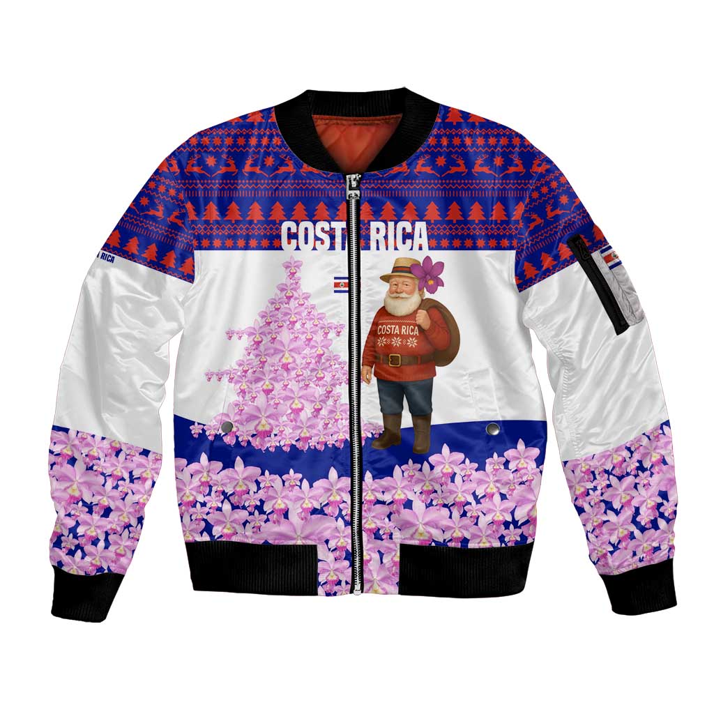 Costa Rica Christmas Sleeve Zip Bomber Jacket with Santa Claus Pink Orchid Tree National Emblem and Festive Pattern Design - Wonder Print Shop