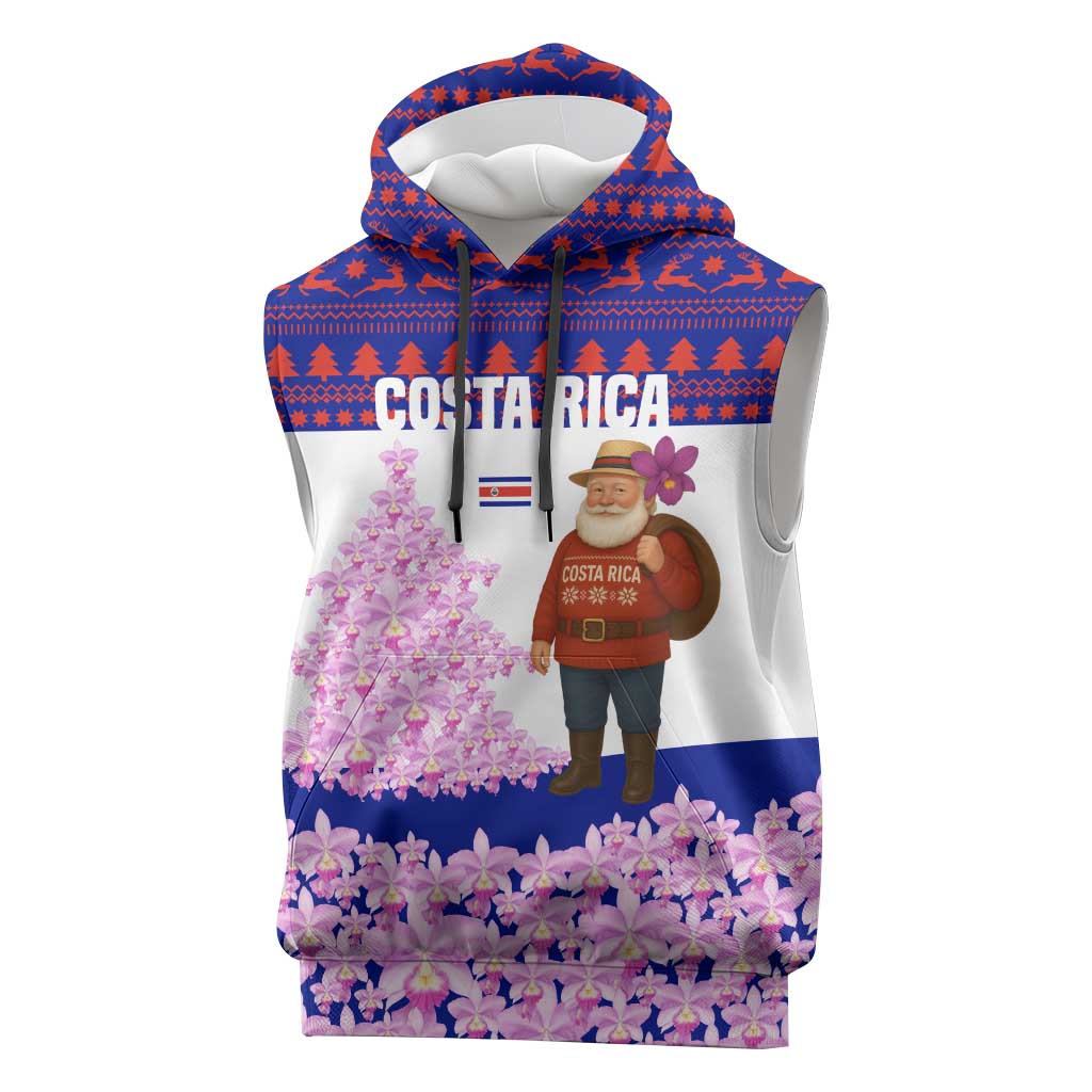 Costa Rica Christmas Sleeveless Hoodie with Santa Claus Pink Orchid Tree National Emblem and Festive Pattern Design - Wonder Print Shop