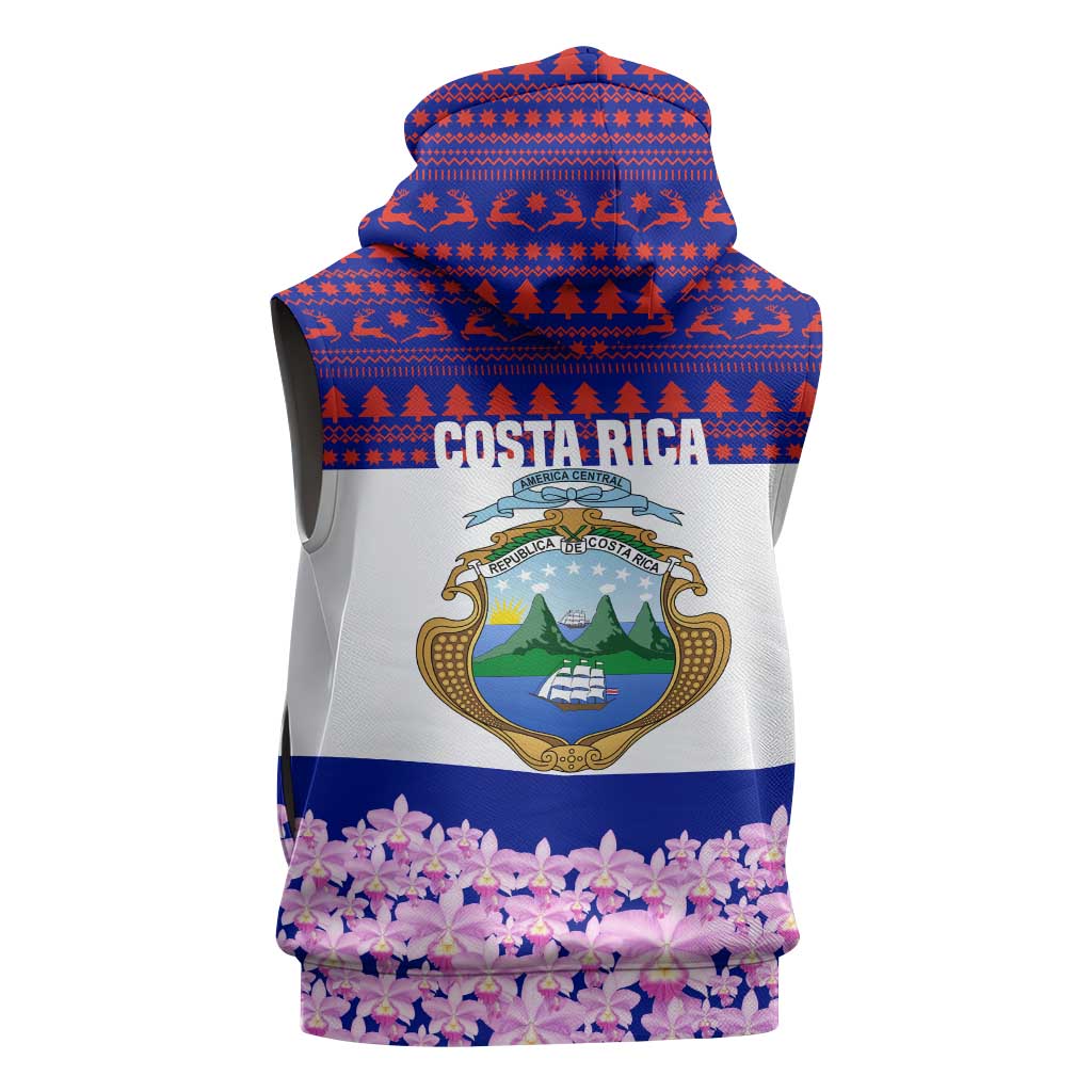 Costa Rica Christmas Sleeveless Hoodie with Santa Claus Pink Orchid Tree National Emblem and Festive Pattern Design - Wonder Print Shop