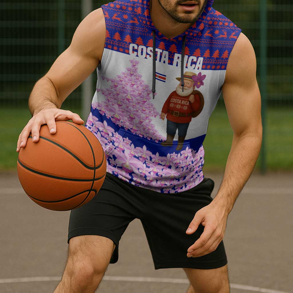 Costa Rica Christmas Sleeveless Hoodie with Santa Claus Pink Orchid Tree National Emblem and Festive Pattern Design - Wonder Print Shop