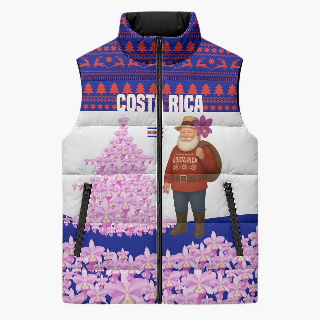 Costa Rica Christmas Sleeveless Puffer Jacket with Santa Claus Pink Orchid Tree National Emblem and Festive Pattern Design - Wonder Print Shop