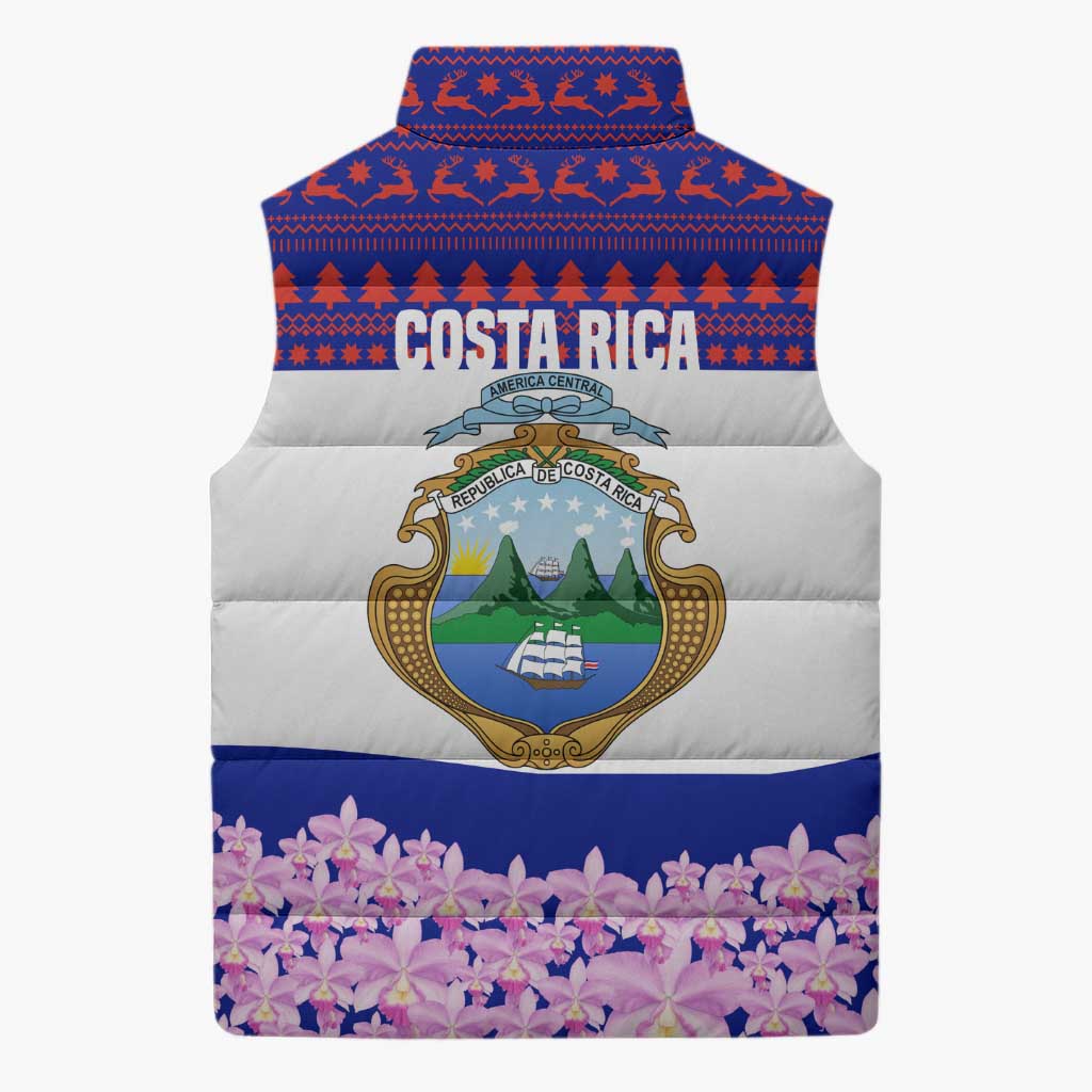 Costa Rica Christmas Sleeveless Puffer Jacket with Santa Claus Pink Orchid Tree National Emblem and Festive Pattern Design - Wonder Print Shop