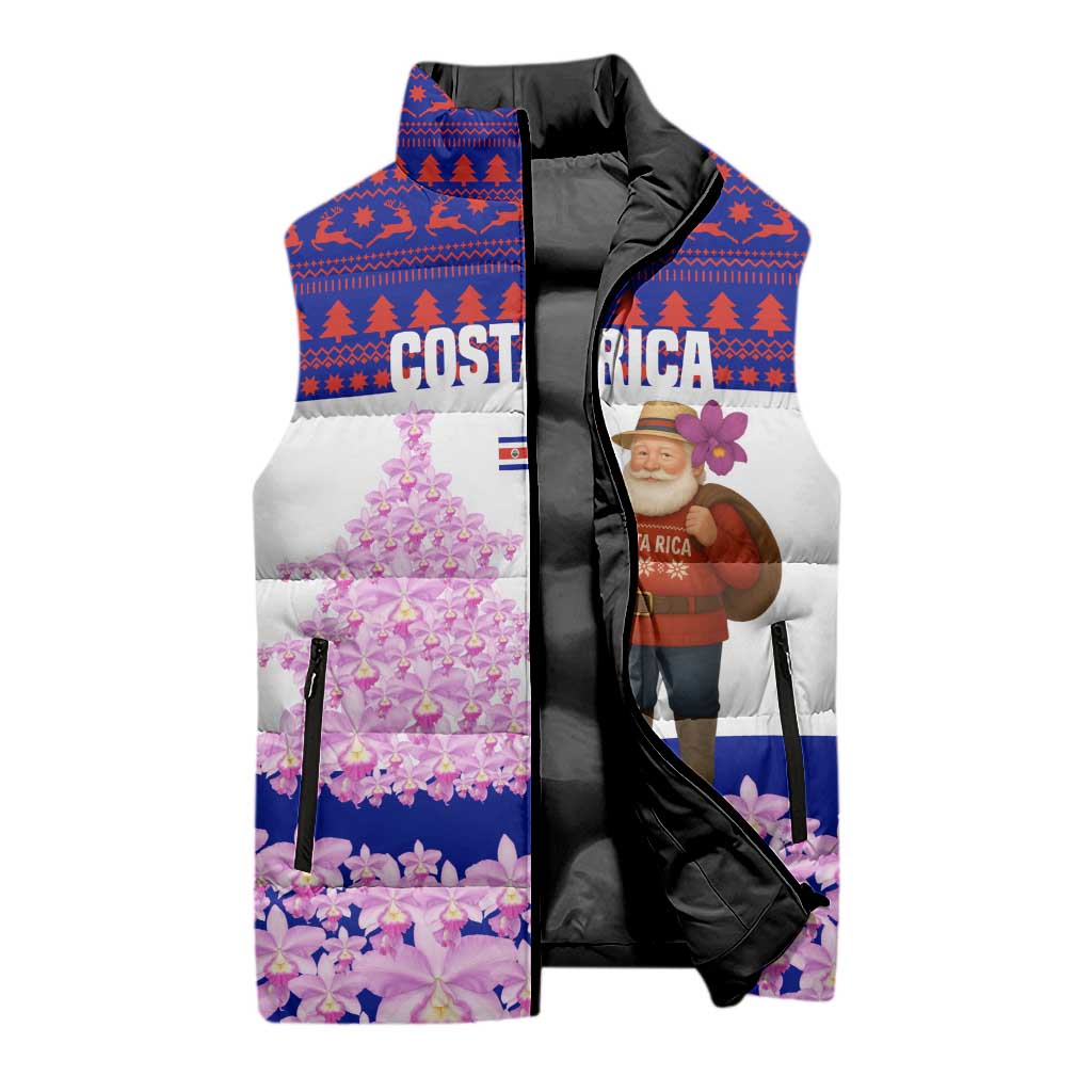 Costa Rica Christmas Sleeveless Puffer Jacket with Santa Claus Pink Orchid Tree National Emblem and Festive Pattern Design - Wonder Print Shop