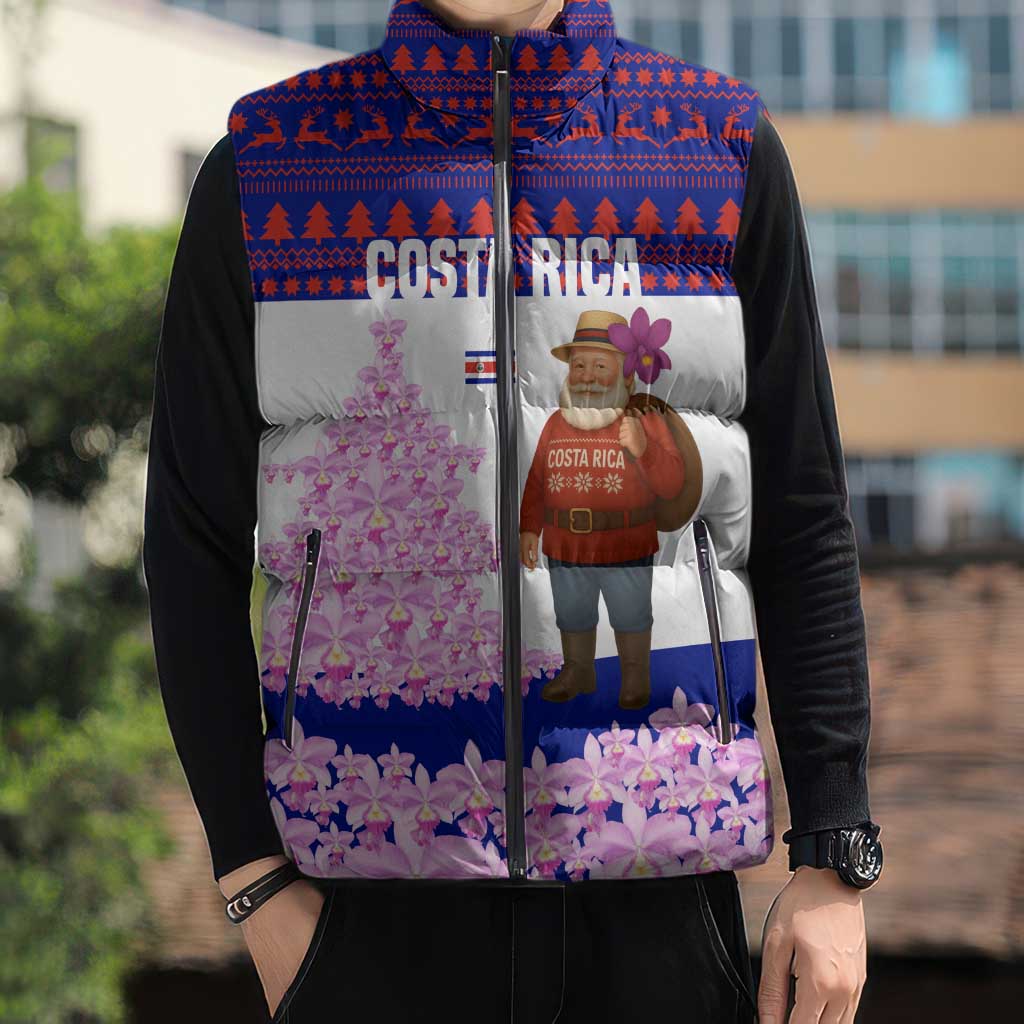 Costa Rica Christmas Sleeveless Puffer Jacket with Santa Claus Pink Orchid Tree National Emblem and Festive Pattern Design - Wonder Print Shop
