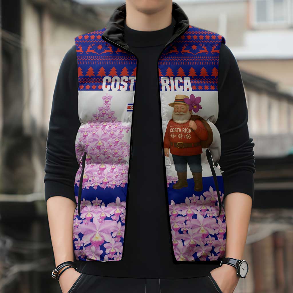 Costa Rica Christmas Sleeveless Puffer Jacket with Santa Claus Pink Orchid Tree National Emblem and Festive Pattern Design - Wonder Print Shop