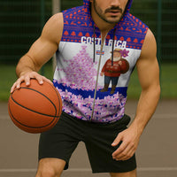 Costa Rica Christmas Sleeveless Zip Hoodie with Santa Claus Pink Orchid Tree National Emblem and Festive Pattern Design - Wonder Print Shop