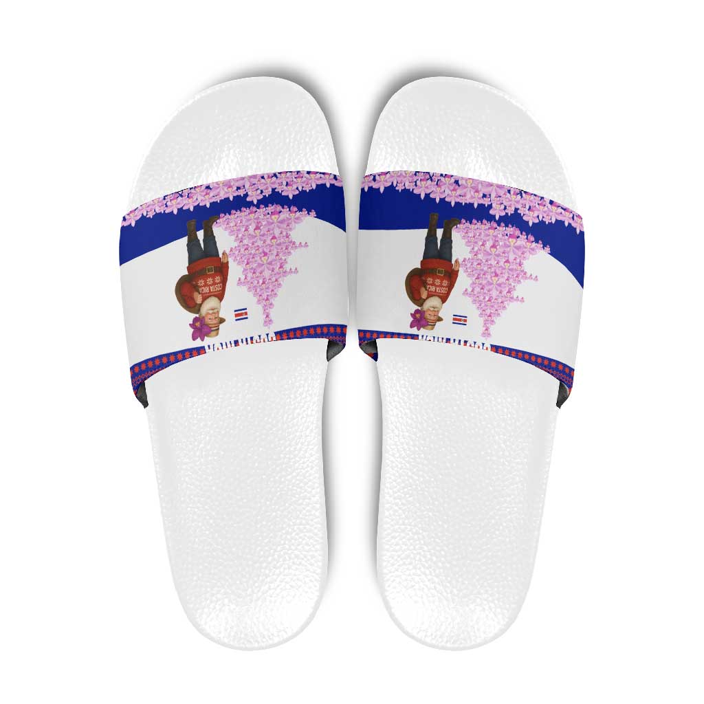 Costa Rica Christmas Slide Sandals with Santa Claus Pink Orchid Tree National Emblem and Festive Pattern Design - Wonder Print Shop