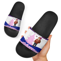 Costa Rica Christmas Slide Sandals with Santa Claus Pink Orchid Tree National Emblem and Festive Pattern Design - Wonder Print Shop