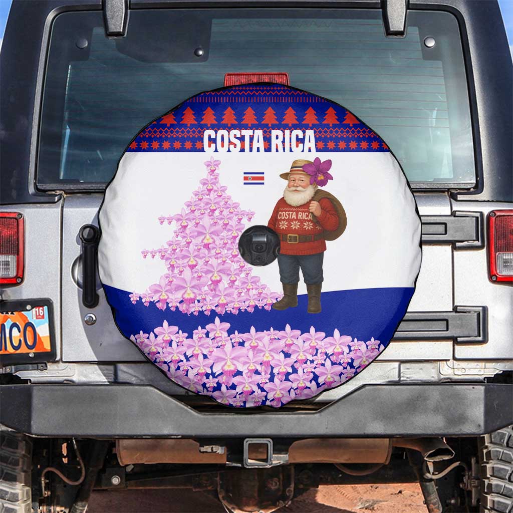 Costa Rica Christmas Spare Tire Cover with Santa Claus Pink Orchid Tree National Emblem and Festive Pattern Design - Wonder Print Shop
