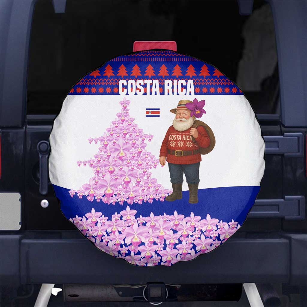Costa Rica Christmas Spare Tire Cover with Santa Claus Pink Orchid Tree National Emblem and Festive Pattern Design - Wonder Print Shop