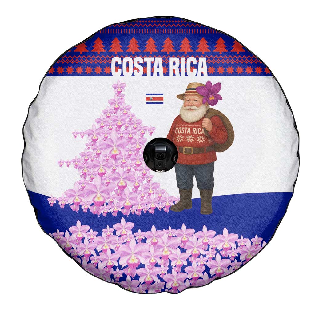 Costa Rica Christmas Spare Tire Cover with Santa Claus Pink Orchid Tree National Emblem and Festive Pattern Design - Wonder Print Shop