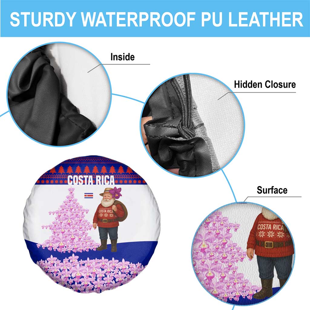 Costa Rica Christmas Spare Tire Cover with Santa Claus Pink Orchid Tree National Emblem and Festive Pattern Design - Wonder Print Shop