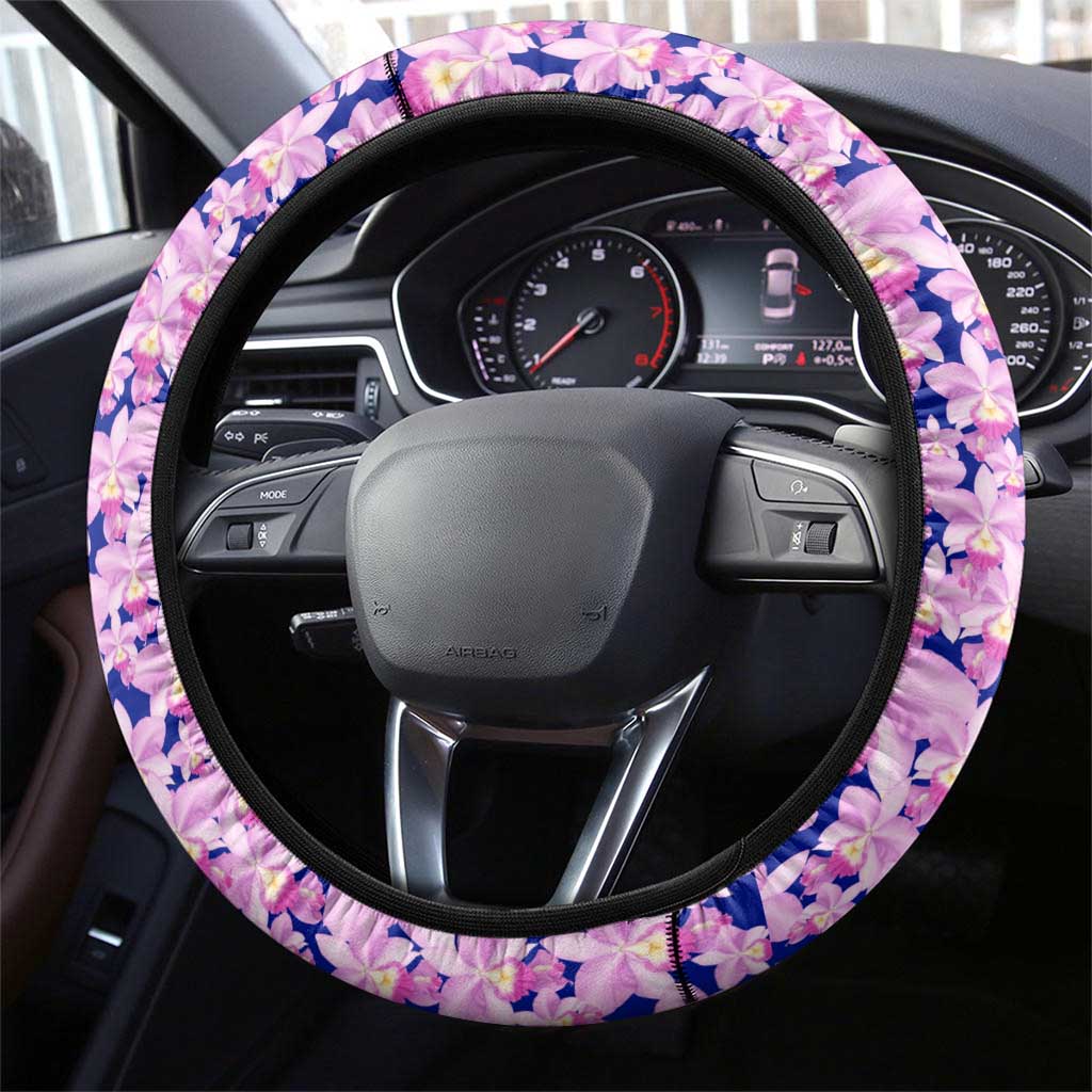 Costa Rica Christmas Steering Wheel Cover with Santa Claus Pink Orchid Tree National Emblem and Festive Pattern Design - Wonder Print Shop