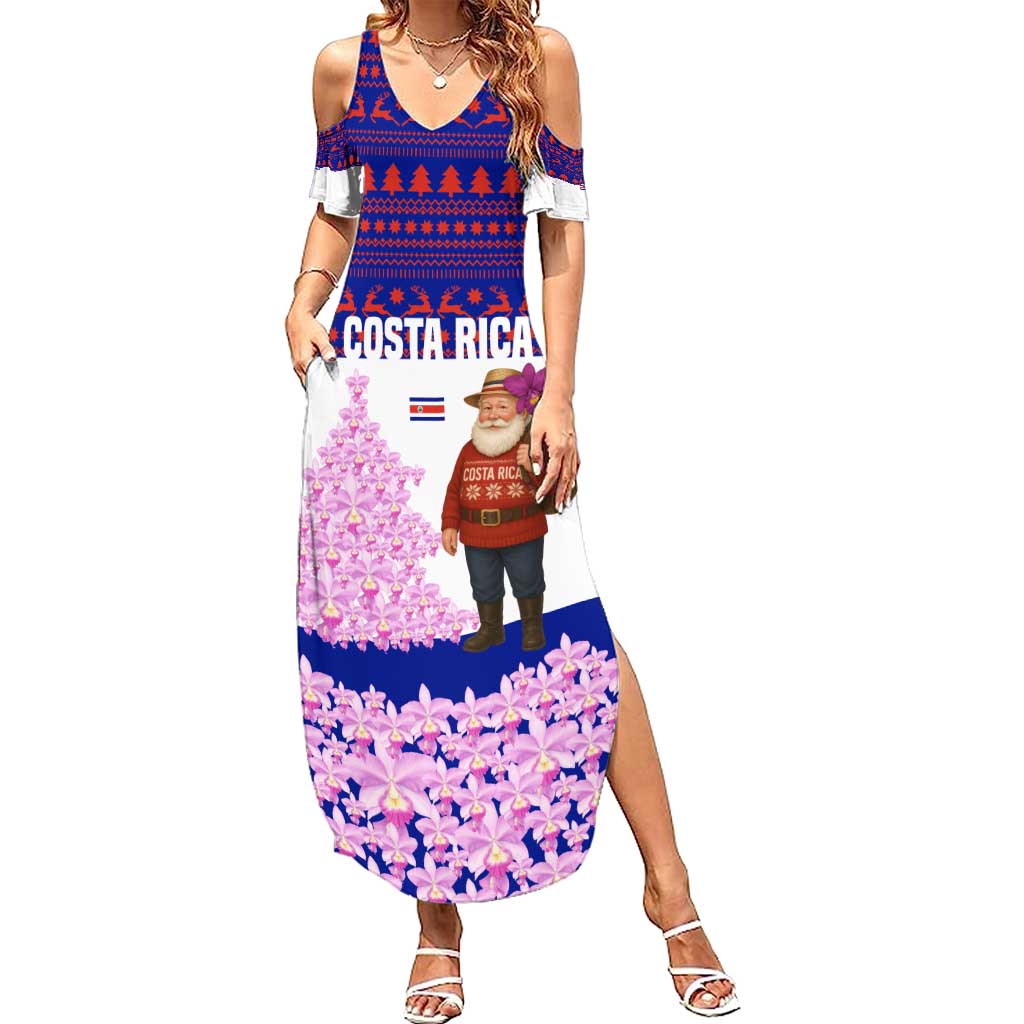 Costa Rica Christmas Summer Maxi Dress with Santa Claus Pink Orchid Tree National Emblem and Festive Pattern Design - Wonder Print Shop