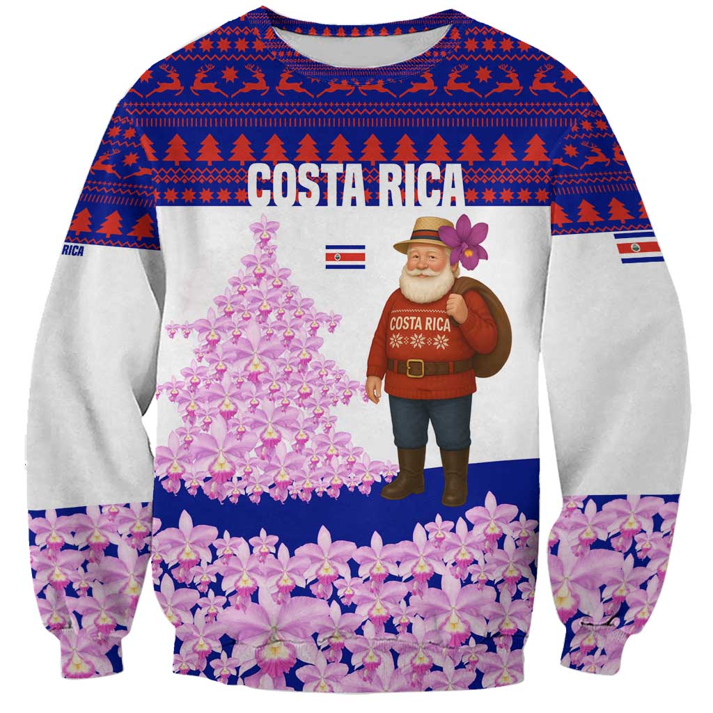 Costa Rica Christmas Sweatshirt with Santa Claus Pink Orchid Tree National Emblem and Festive Pattern Design - Wonder Print Shop