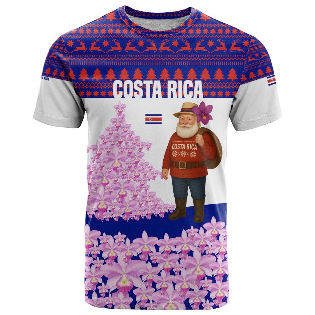 Costa Rica Christmas T Shirt with Santa Claus Pink Orchid Tree National Emblem and Festive Pattern Design - Wonder Print Shop