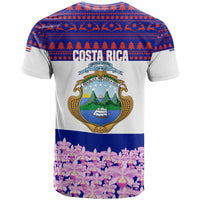 Costa Rica Christmas T Shirt with Santa Claus Pink Orchid Tree National Emblem and Festive Pattern Design - Wonder Print Shop