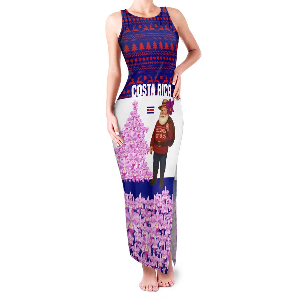 Costa Rica Christmas Tank Maxi Dress with Santa Claus Pink Orchid Tree National Emblem and Festive Pattern Design - Wonder Print Shop