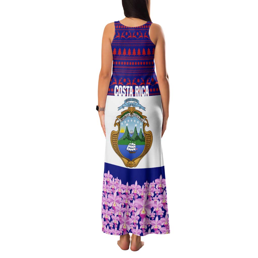 Costa Rica Christmas Tank Maxi Dress with Santa Claus Pink Orchid Tree National Emblem and Festive Pattern Design - Wonder Print Shop