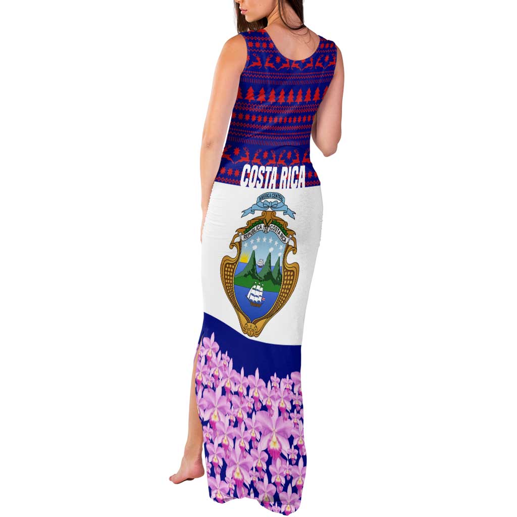 Costa Rica Christmas Tank Maxi Dress with Santa Claus Pink Orchid Tree National Emblem and Festive Pattern Design - Wonder Print Shop
