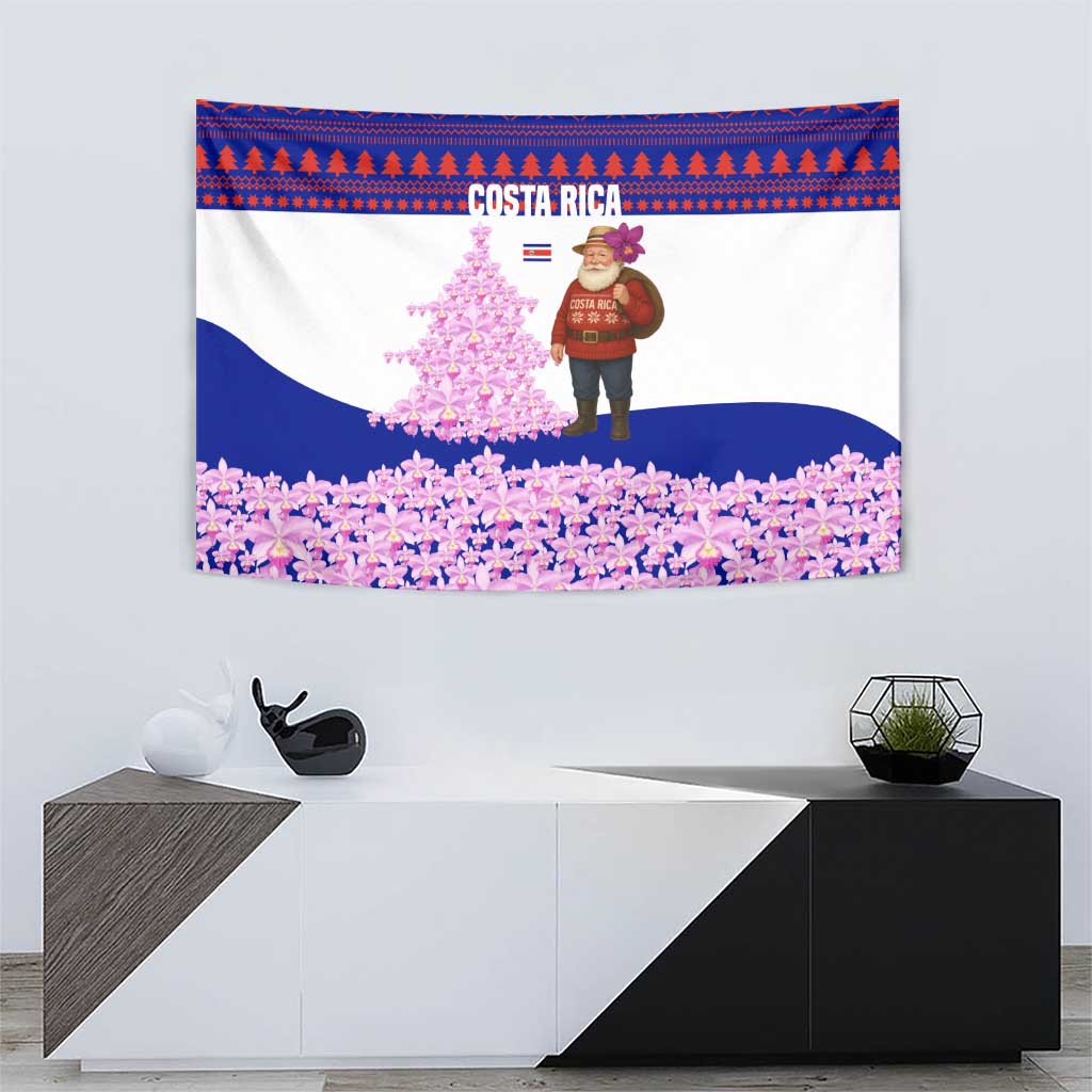 Costa Rica Christmas Tapestry with Santa Claus Pink Orchid Tree National Emblem and Festive Pattern Design - Wonder Print Shop