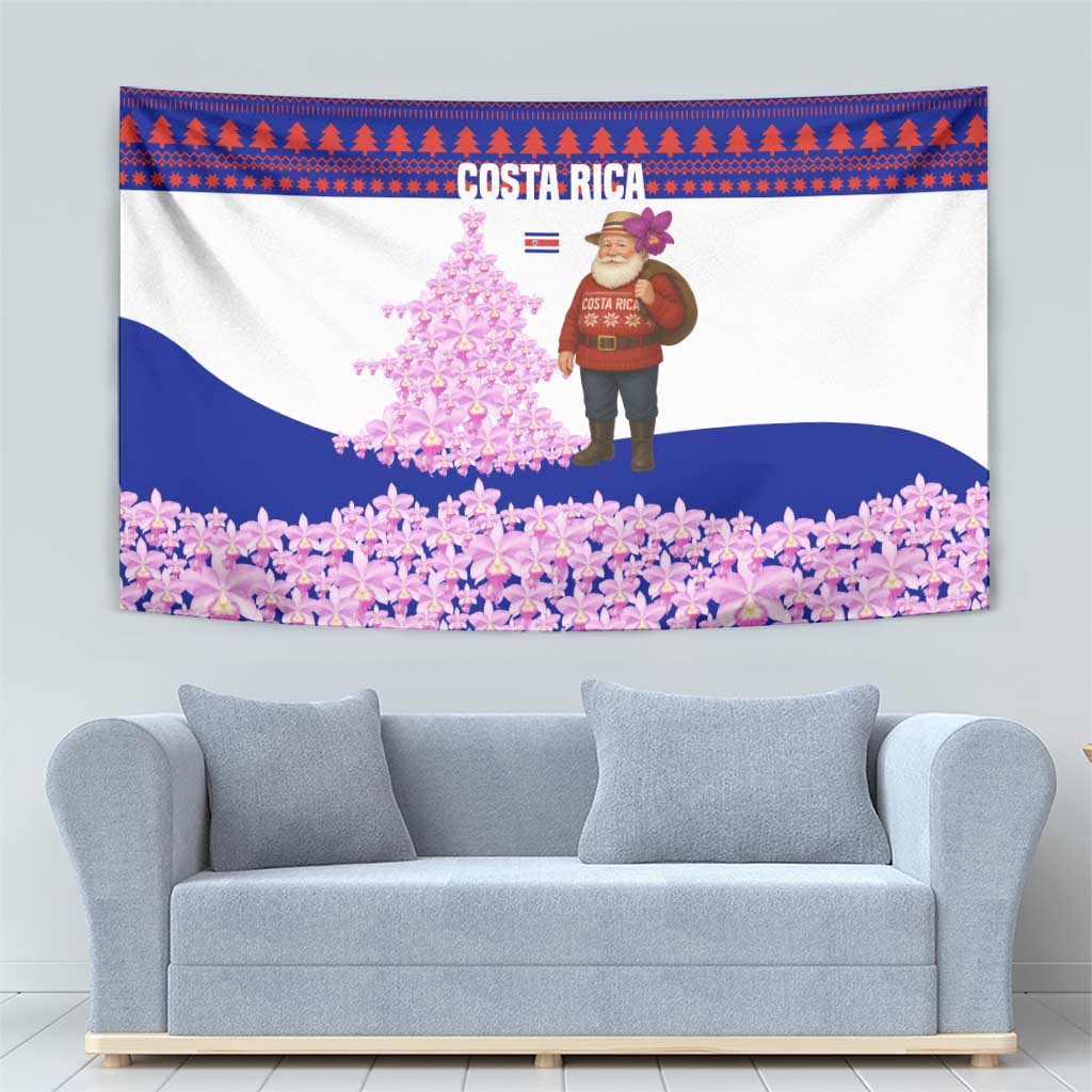 Costa Rica Christmas Tapestry with Santa Claus Pink Orchid Tree National Emblem and Festive Pattern Design - Wonder Print Shop