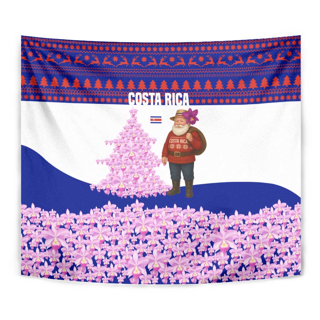 Costa Rica Christmas Tapestry with Santa Claus Pink Orchid Tree National Emblem and Festive Pattern Design - Wonder Print Shop