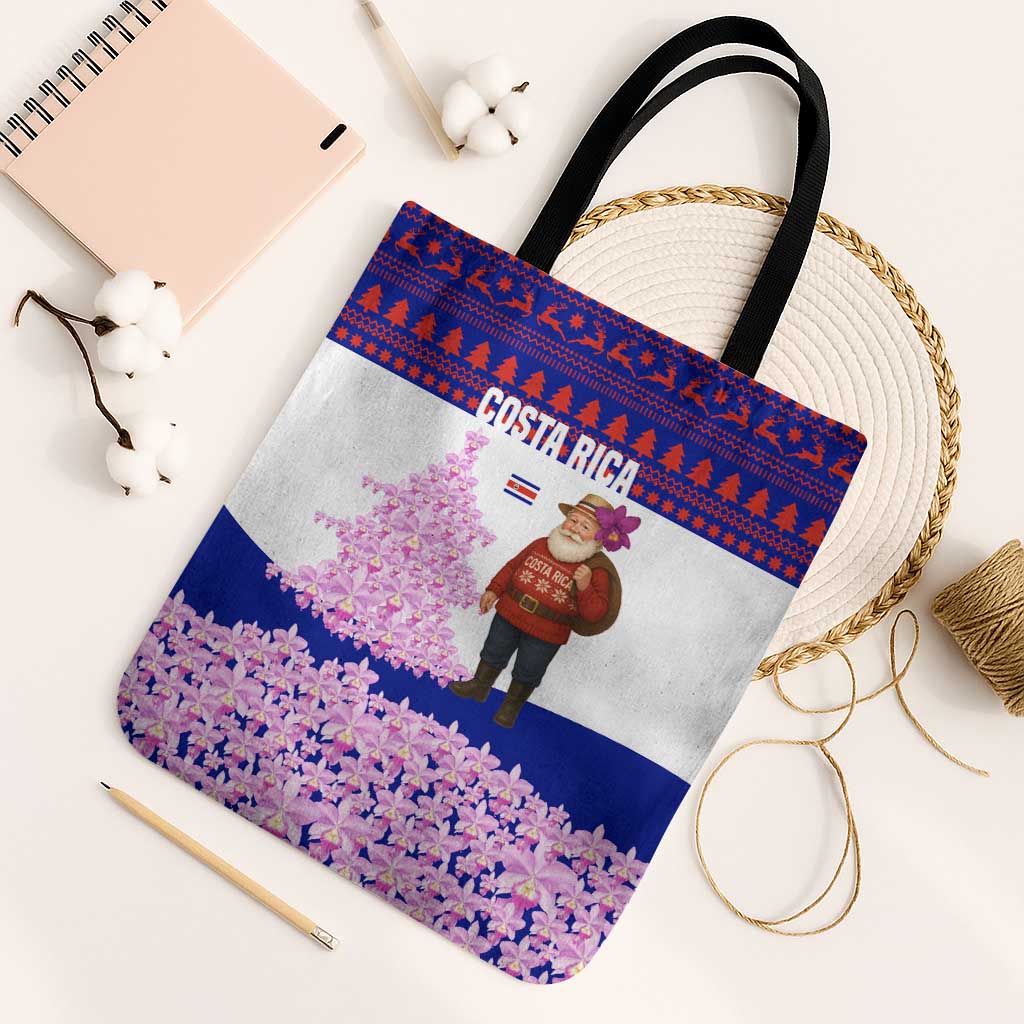 Costa Rica Christmas Tote Bag with Santa Claus Pink Orchid Tree National Emblem and Festive Pattern Design - Wonder Print Shop