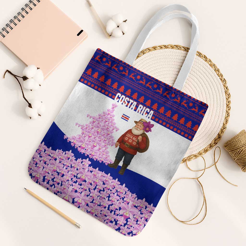 Costa Rica Christmas Tote Bag with Santa Claus Pink Orchid Tree National Emblem and Festive Pattern Design - Wonder Print Shop