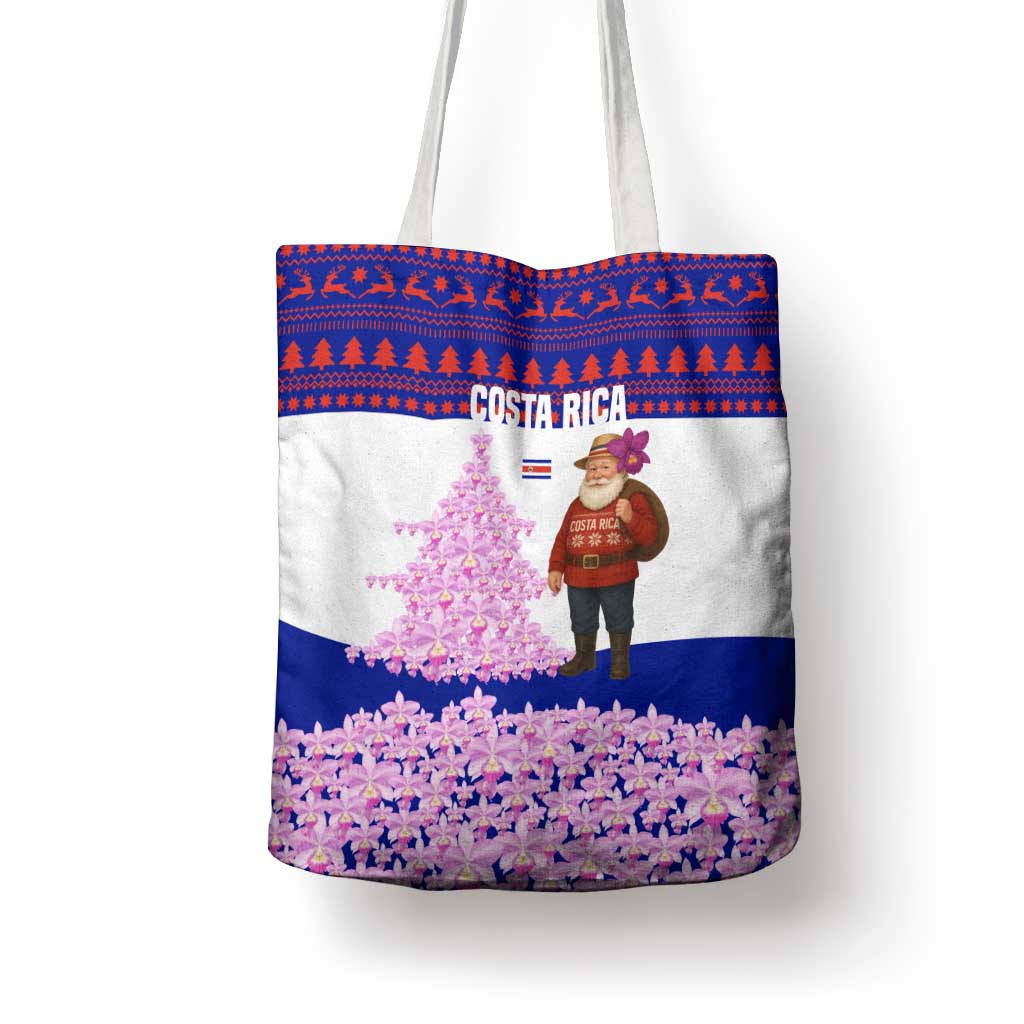 Costa Rica Christmas Tote Bag with Santa Claus Pink Orchid Tree National Emblem and Festive Pattern Design - Wonder Print Shop