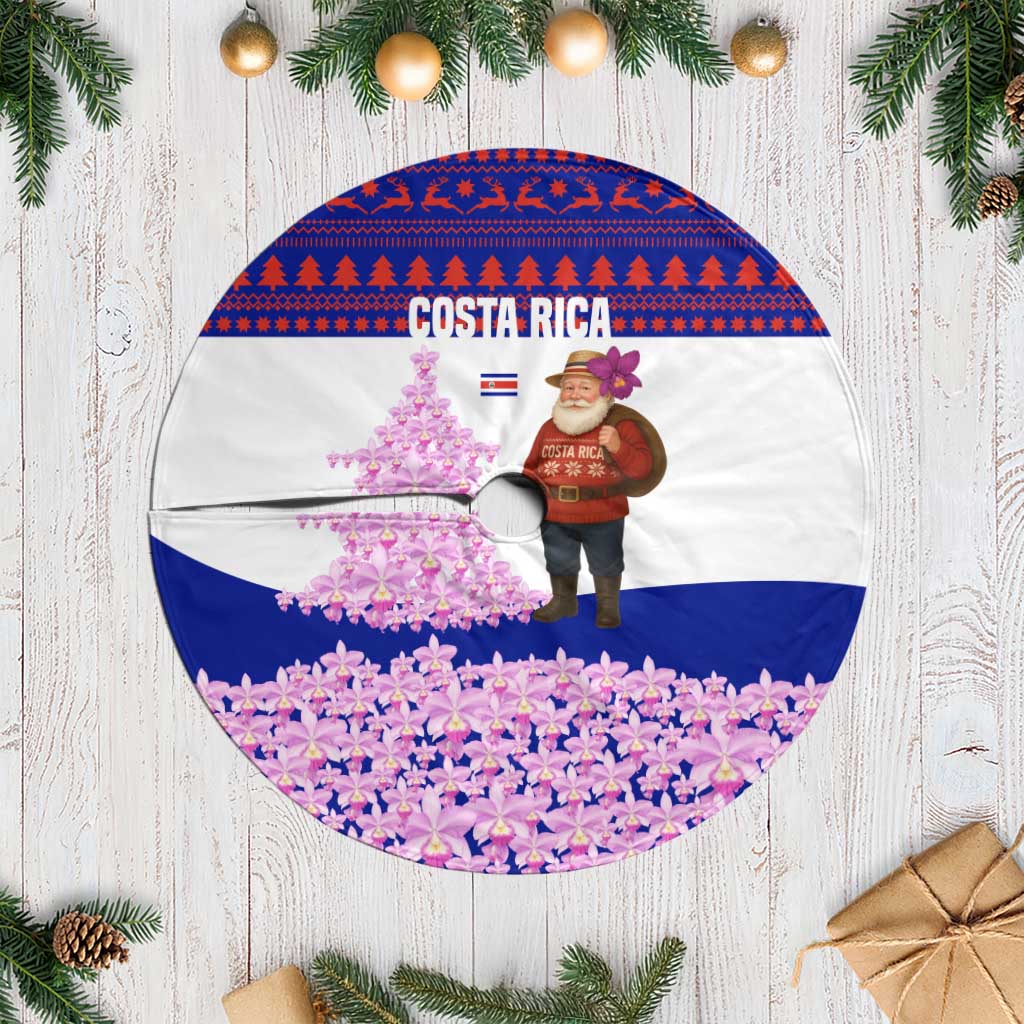 Costa Rica Christmas Tree Skirt with Santa Claus Pink Orchid Tree National Emblem and Festive Pattern Design - Wonder Print Shop