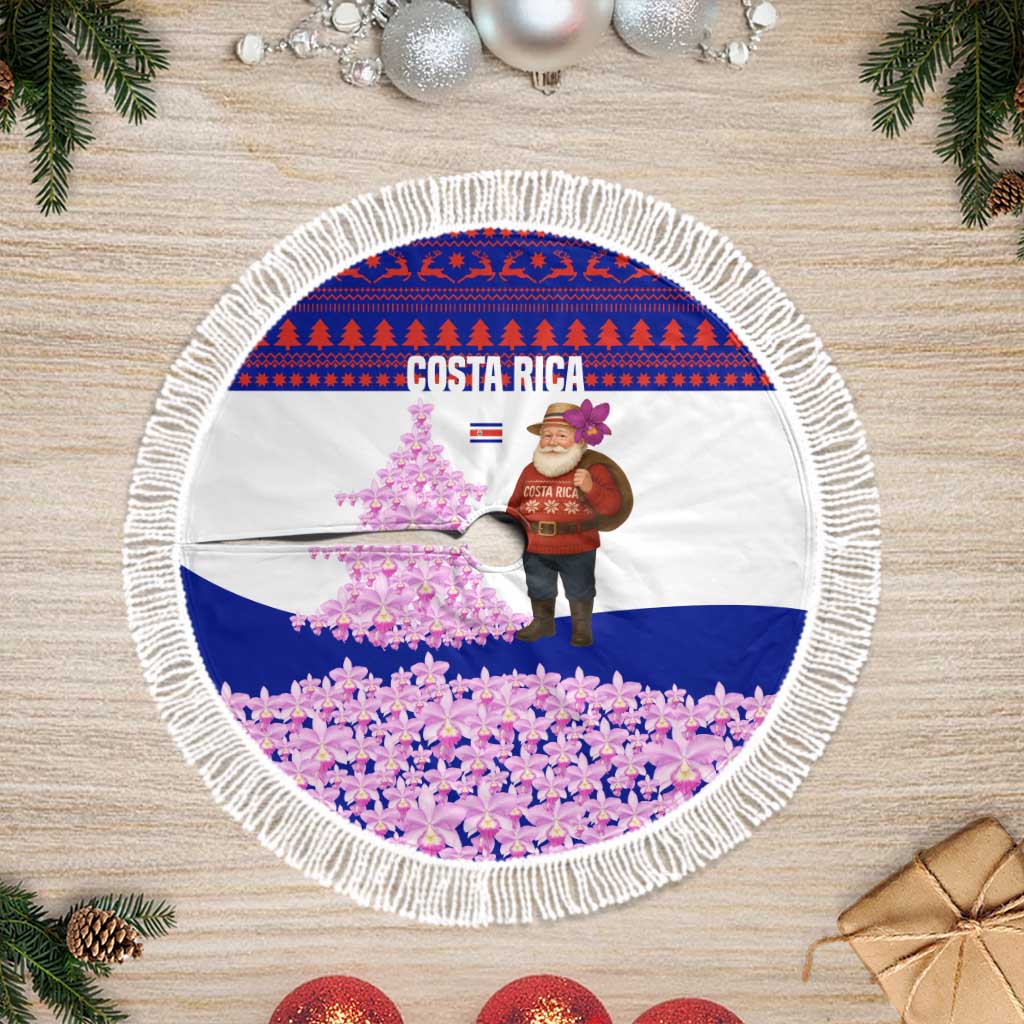 Costa Rica Christmas Tree Skirt with Santa Claus Pink Orchid Tree National Emblem and Festive Pattern Design - Wonder Print Shop
