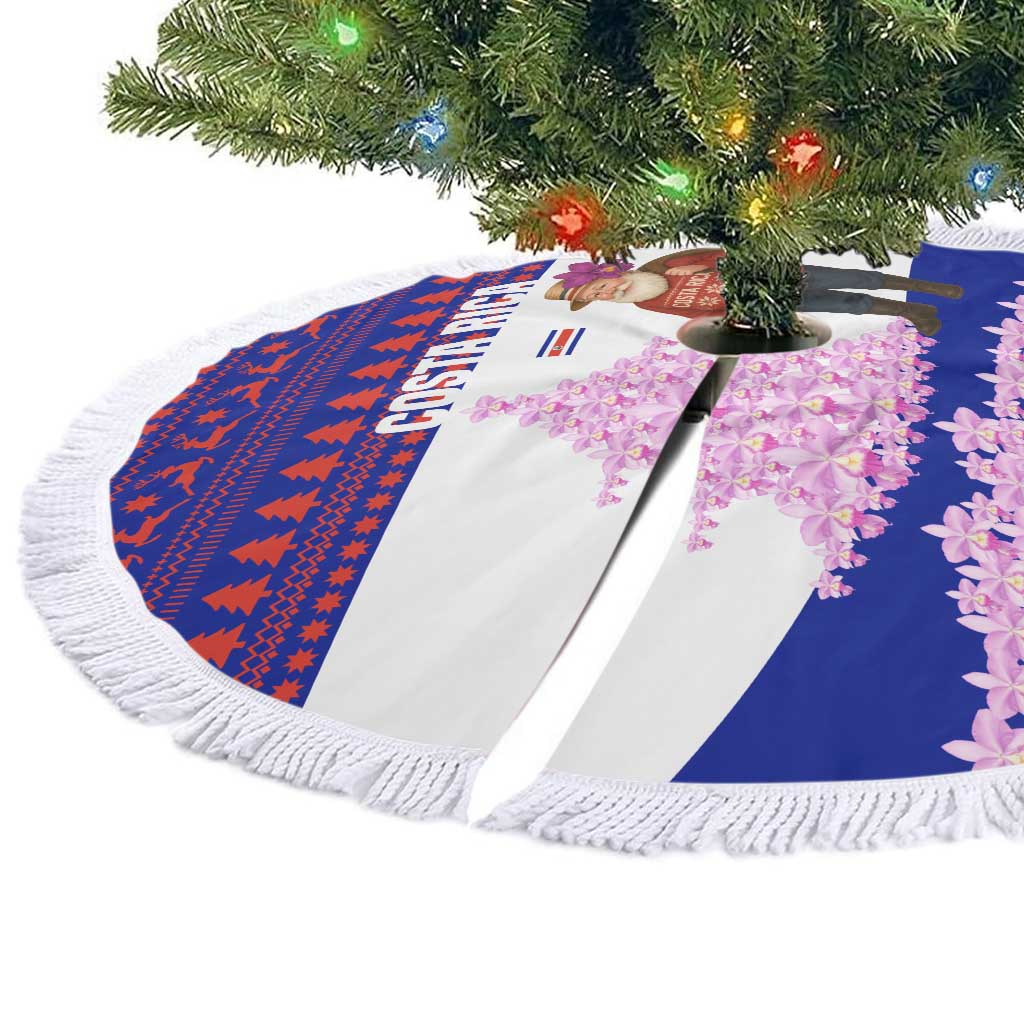 Costa Rica Christmas Tree Skirt with Santa Claus Pink Orchid Tree National Emblem and Festive Pattern Design - Wonder Print Shop