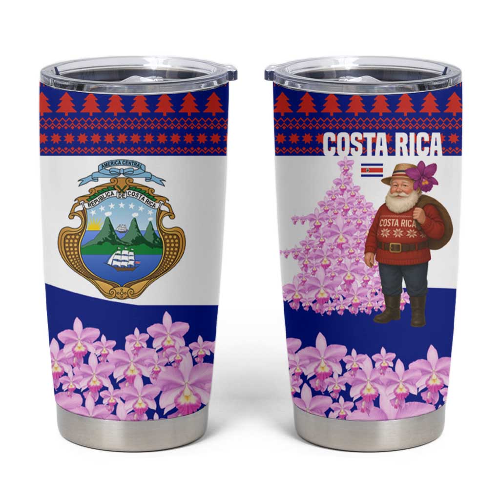 Costa Rica Christmas Tumbler Cup with Santa Claus Pink Orchid Tree National Emblem and Festive Pattern Design - Wonder Print Shop