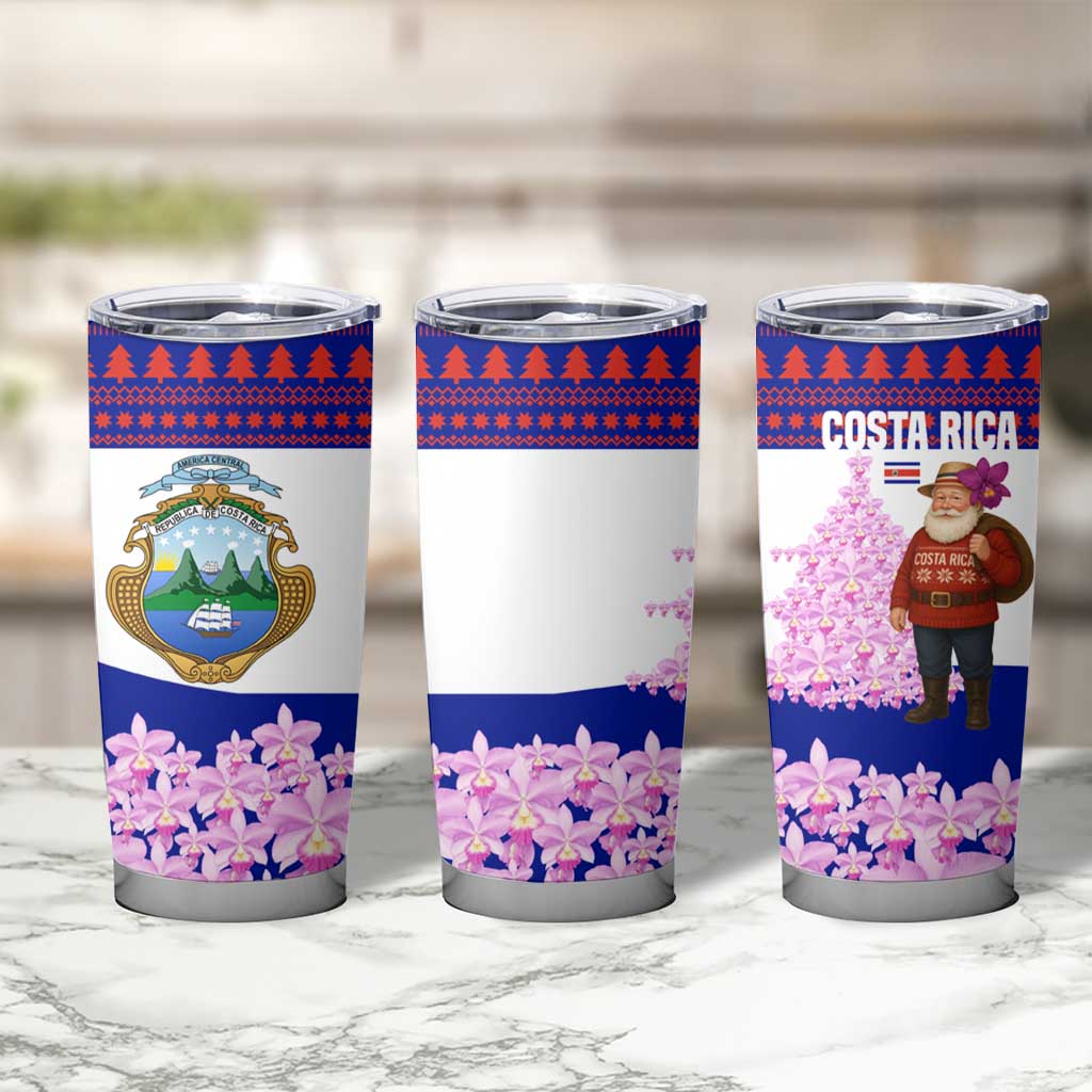 Costa Rica Christmas Tumbler Cup with Santa Claus Pink Orchid Tree National Emblem and Festive Pattern Design - Wonder Print Shop